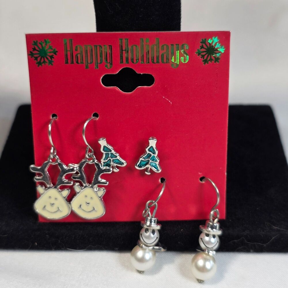 3 Pack Christmas Holiday Dangle Earrings Reindeer Snowman X-Mas Tree